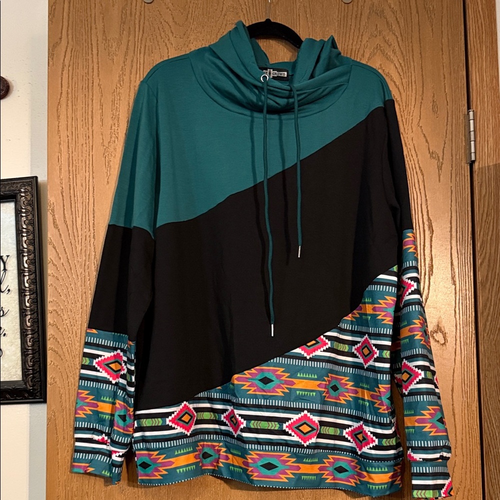 Teal and Black Geometric Women's Hoodie